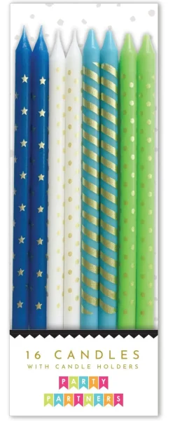 Blue & Green Metallic Patterned Candle Set | 16ct
