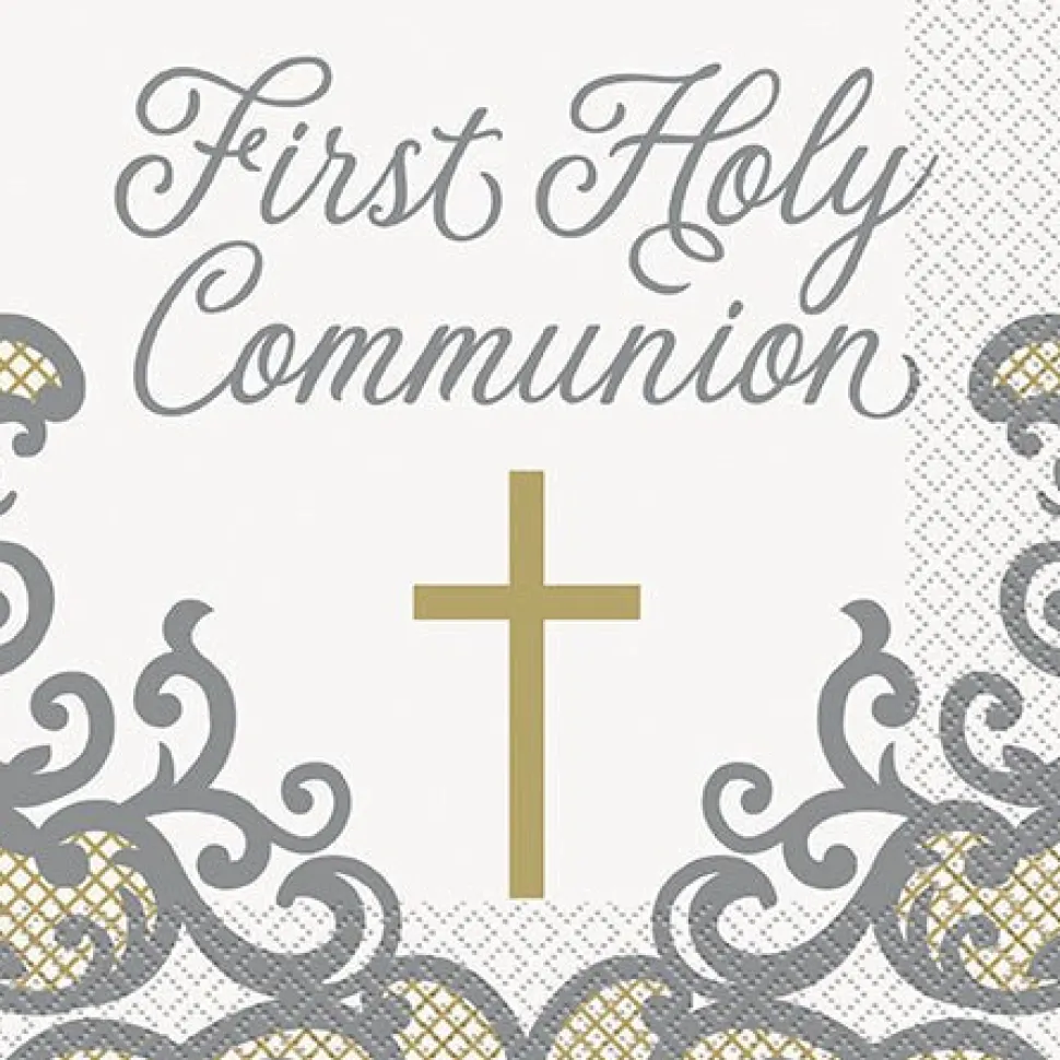 First Holy Communion Gold Fancy Cross Lunch Napkins | 16ct
