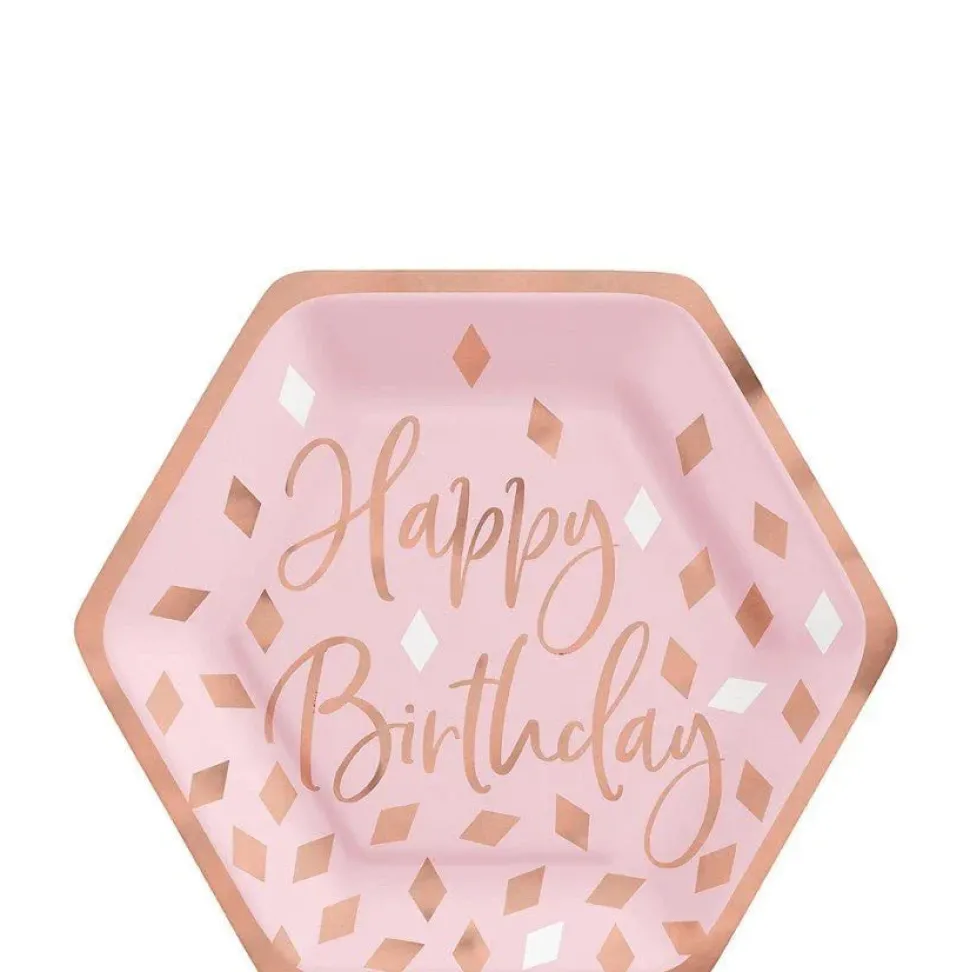 Metallic Blush Hexagon Happy Birthday Dessert Plates 7in | 8ct