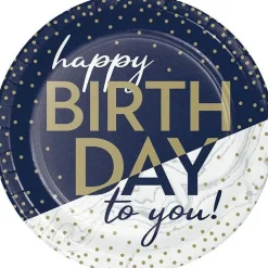 Navy & Gold Milestone Happy Birthday To You Dessert Plates 7" | 8ct