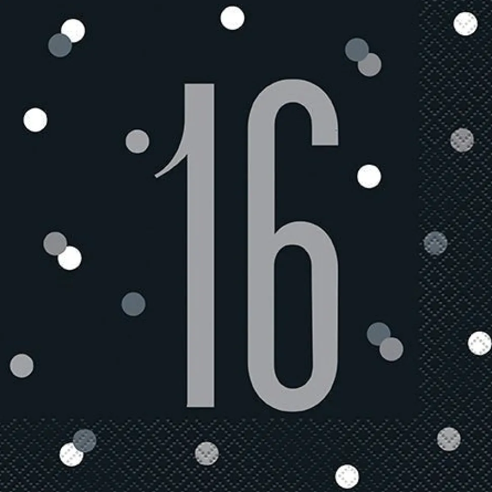 16th Birthday Black Lunch Napkins | 16ct